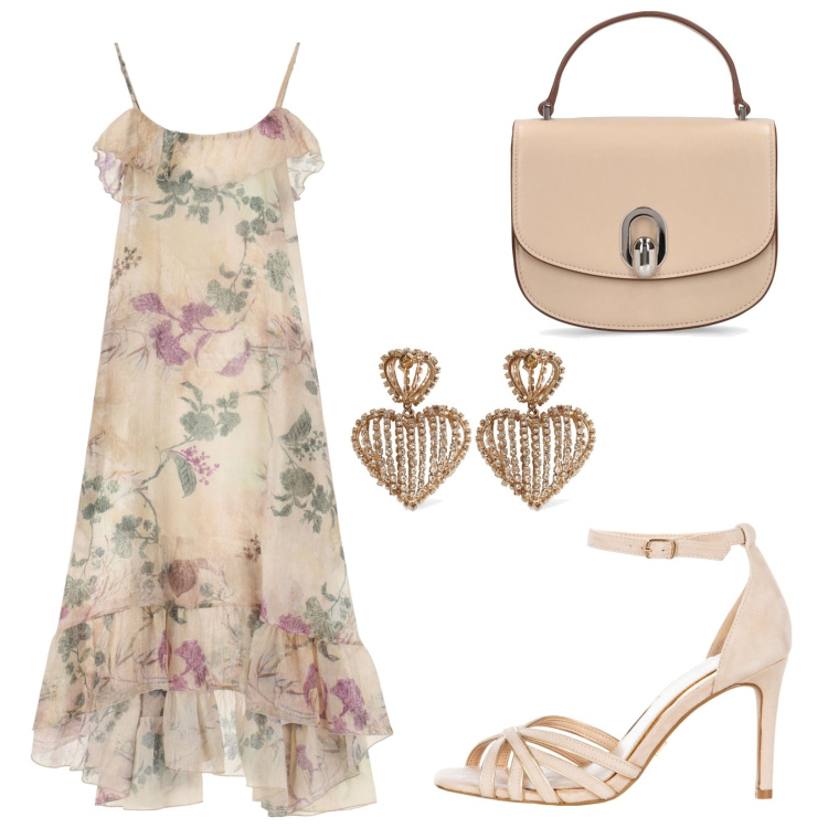 Outfit donna - Abito lungo con fiori. Stile Chic per Serata fuori. Abbinamento con vestiti lunghi, sandali col tacco, orecchini, borse a mano.