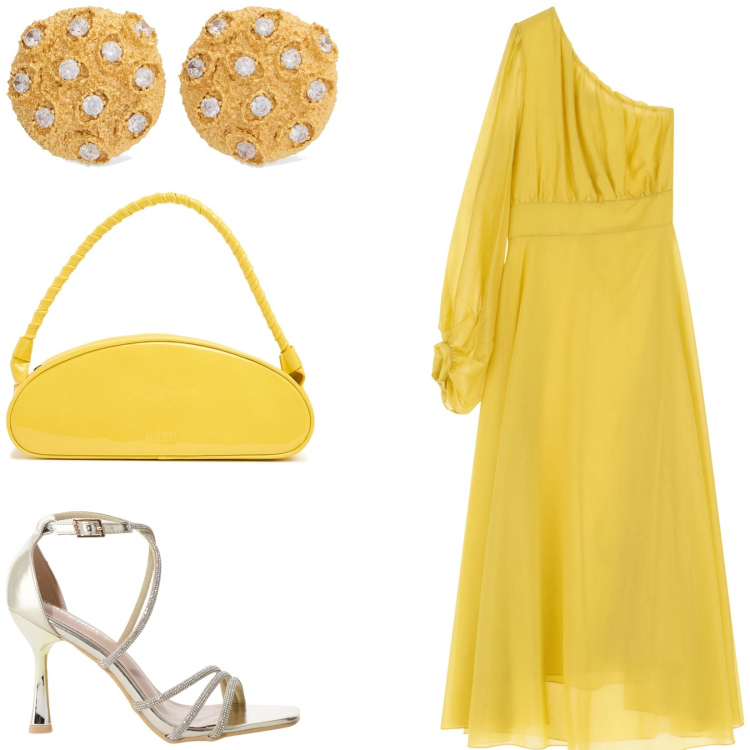 Outfit donna - Abito monospalla. Stile Chic per Cerimonia. Abbinamento con sandali col tacco, vestiti lunghi, borse a spalla, orecchini.