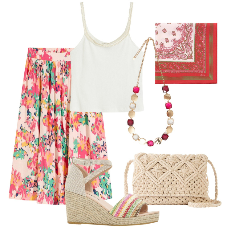 Outfit donna - Estate colorata per tutti i giorni. Stile Boho per Tutti i giorni. Abbinamento con gonne longuette, borse a tracolla, sandali, top, foulard, collane.