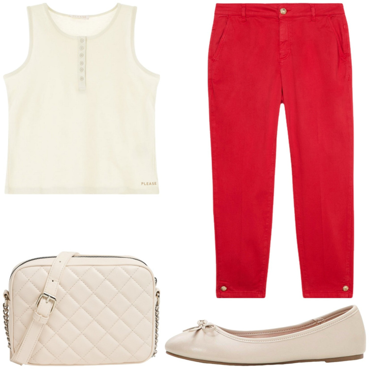 Outfit donna - Easy look. Stile Casual per Tutti i giorni. Abbinamento con ballerine, borse a tracolla, canottiere, pantaloni.