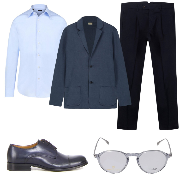 Outfit uomo - Comodo ed elegante. Stile Casual per Ufficio. Abbinamento con pantaloni, camicie, cardigans, scarpe stringate, occhiali da sole.