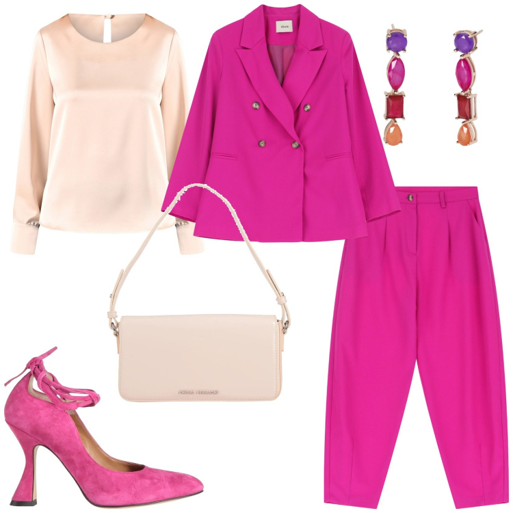 Outfit donna - Tempo di cerimonie. Stile Chic per Cerimonia. Abbinamento con décolleté, borse a mano, orecchini, bluse, blazer, pantaloni.