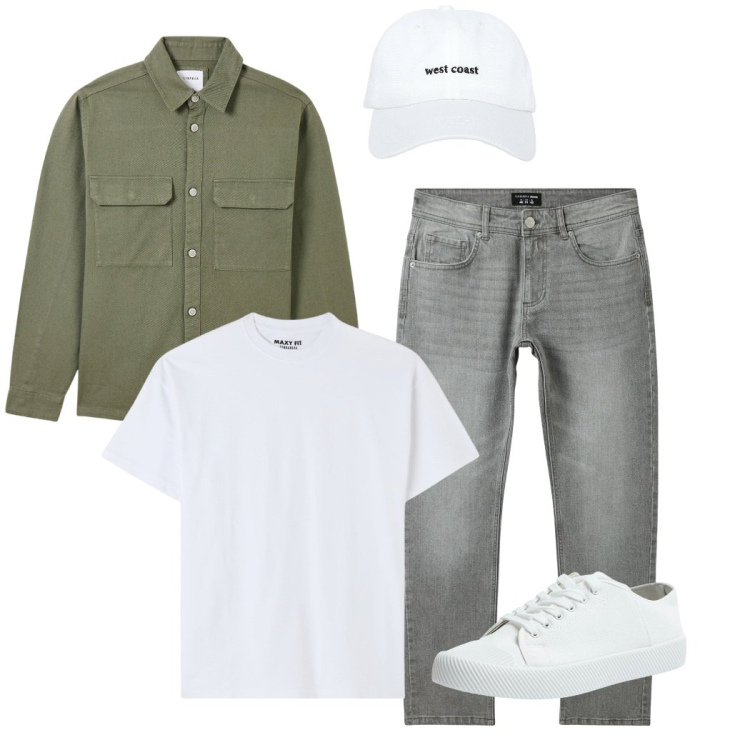 Outfit uomo - Grigio e verde. Stile Casual per Tutti i giorni. Abbinamento con cappotti, cappelli, sneakers, jeans, t-shirt.