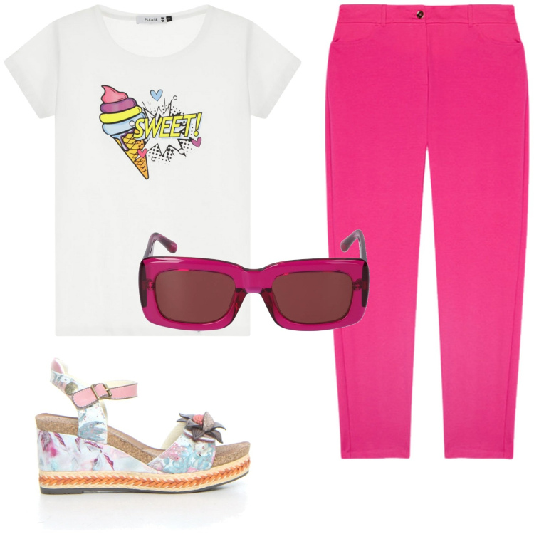 Outfit donna - Spiritosa. Stile Casual per Tutti i giorni. Abbinamento con t-shirt, pantaloni chino, sandali, occhiali da sole.