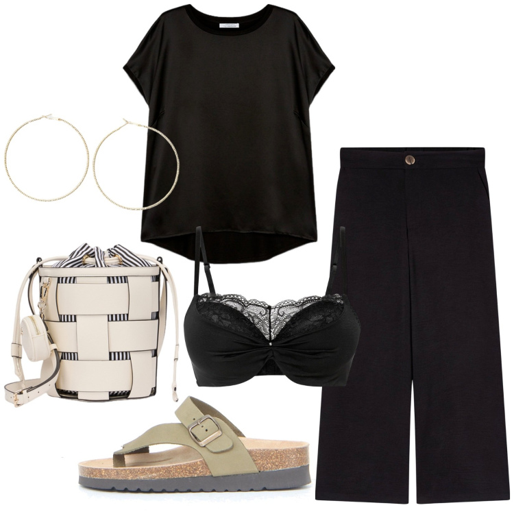 Outfit donna - Total look #2167497. Stile Casual per Tutti i giorni. Abbinamento con reggiseni push-up, pantaloni a palazzo, orecchini, bluse, ciabatte, borse a secchiello.
