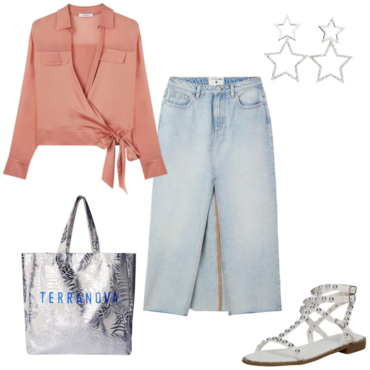 Outfit donna - Denim Curvy. Stile Casual per Tutti i giorni. Abbinamento con borse tote, orecchini, gonne lunghe, sandali, camicie.