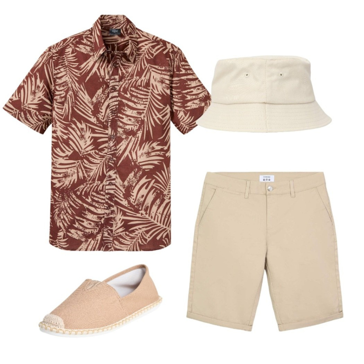 Outfit uomo - Safari. Stile Casual per Tutti i giorni. Abbinamento con camicie a manica corta, bermuda, espadrillas, cappelli.