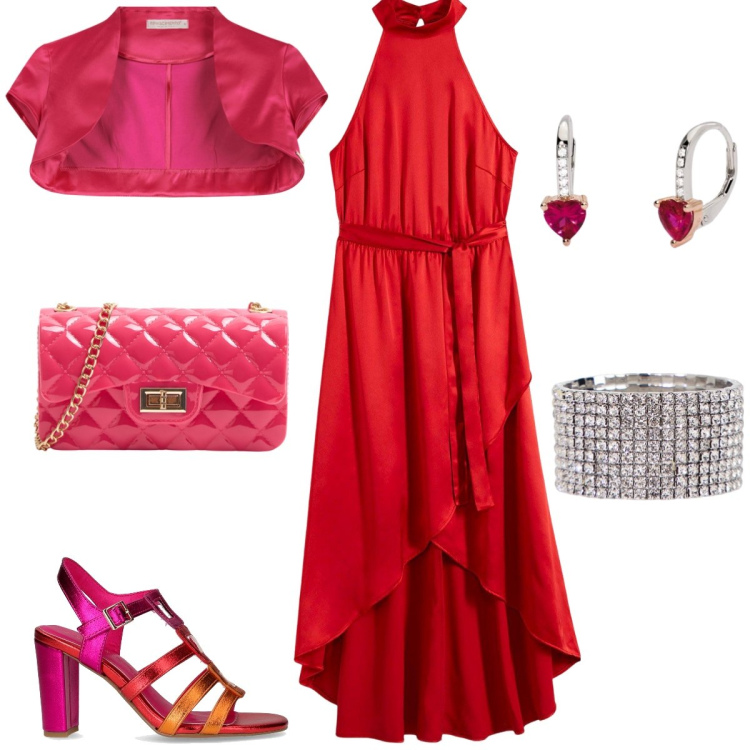 Outfit donna - Cerimonia. Stile Glamour per Cerimonia. Abbinamento con vestiti, borse a tracolla, orecchini, bolero, braccialetti, sandali col tacco.