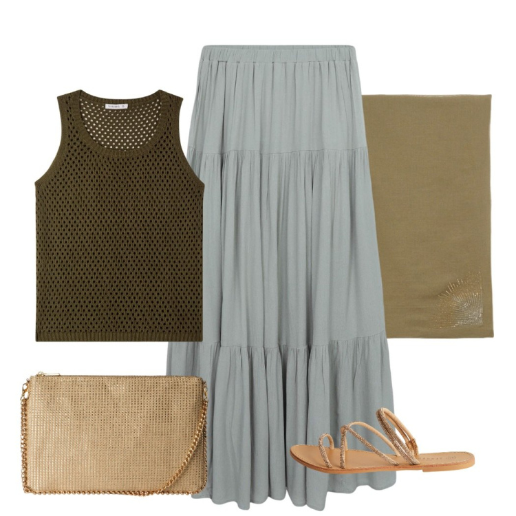 Outfit donna - Boho chic. Stile Etnico per Serata fuori. Abbinamento con top, borse a tracolla, gonne lunghe, sandali, stole.