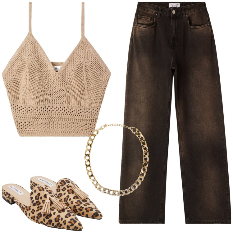 Outfit donna - Easy chic by Terranova. Stile Casual chic per Tutti i giorni. Abbinamento con top, collane, sabot, jeans.