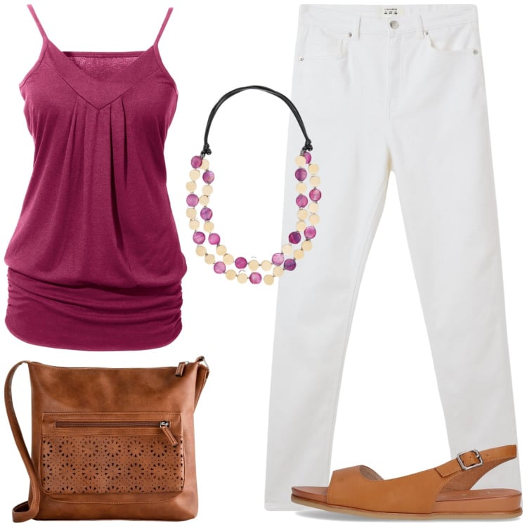 Outfit donna - Top e skinny. Stile Casual per Tutti i giorni. Abbinamento con top, borse a tracolla, pantaloni skinny, collane, sandali.