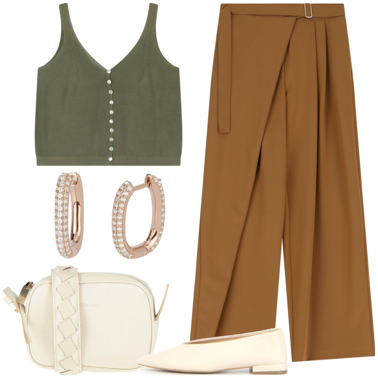 Outfit donna - Total look da giorno. Stile Casual chic per Tutti i giorni. Abbinamento con borse a tracolla, orecchini, pantaloni a palazzo, top, ballerine.