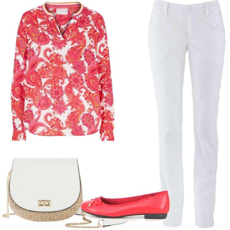Outfit donna - Blusa fantasia paisley. Stile Casual per Tutti i giorni. Abbinamento con tuniche, pantaloni, borse a tracolla, ballerine.