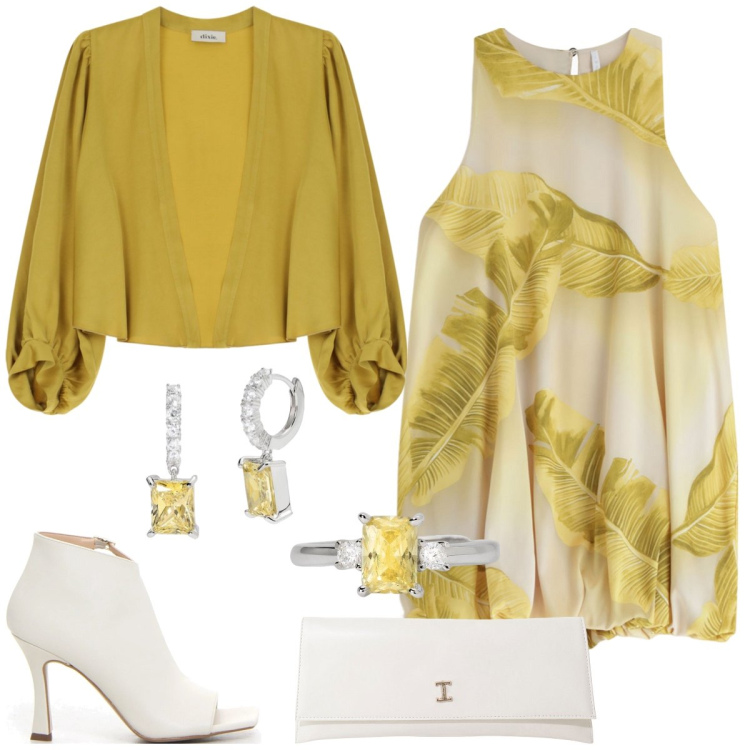 Outfit donna - Serata fuori. Stile Chic per Serata fuori. Abbinamento con orecchini, anelli, vestiti corti, pochette, gilet, sandali col tacco.