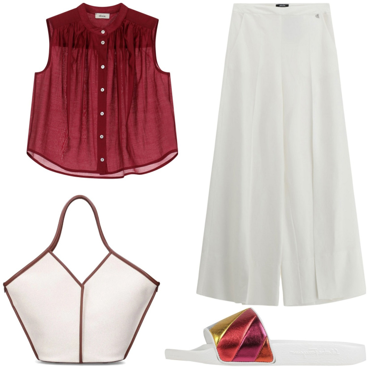 Outfit donna - Ricercata. Stile Casual chic per Tutti i giorni. Abbinamento con sandali in pelle, pantaloni a palazzo, camicie, shopping bag.