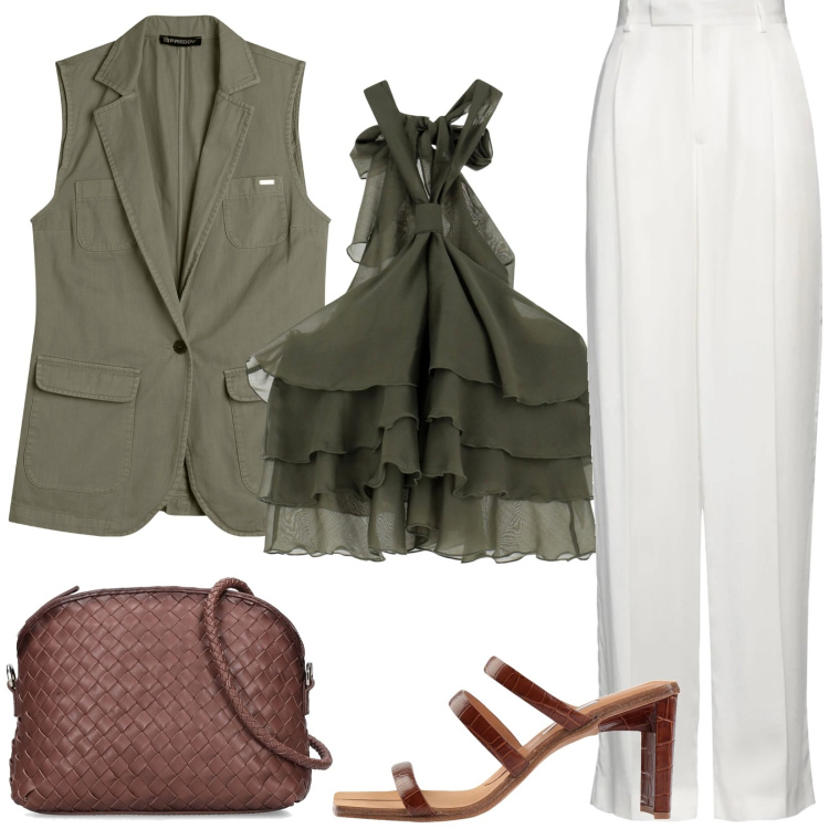 Outfit donna - Raffinato e pratico. Stile Casual chic per Tutti i giorni. Abbinamento con pantaloni, sandali in pelle, top, gilet, borse a spalla.