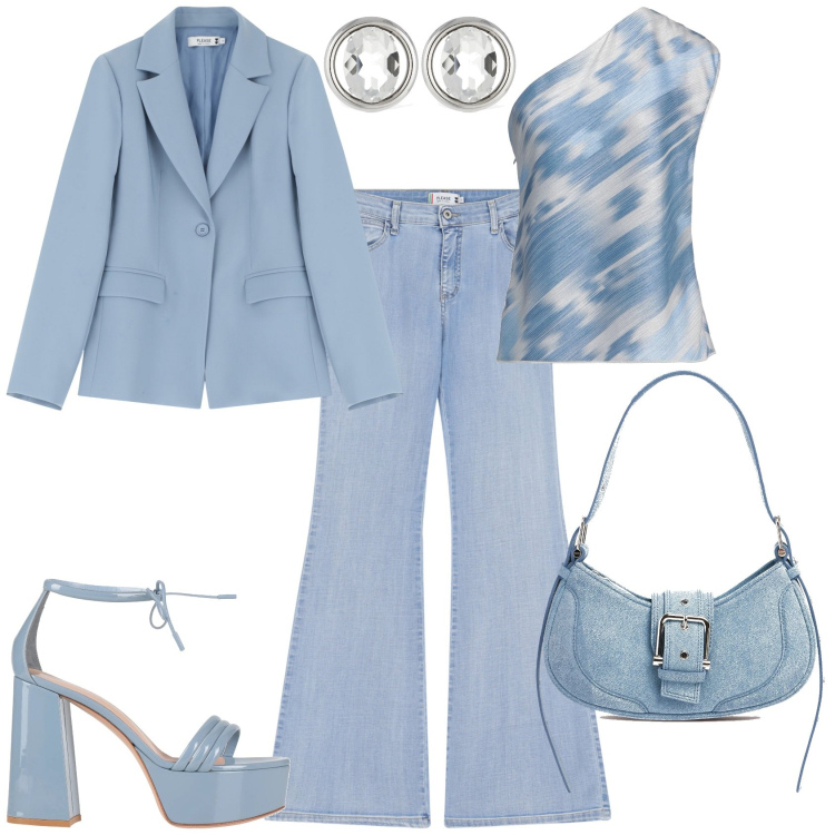 Outfit donna - Serata evento glamour. Stile Glamour per Serata fuori. Abbinamento con sandali in pelle, top, jeans a zampa, blazer, borse a spalla, orecchini.