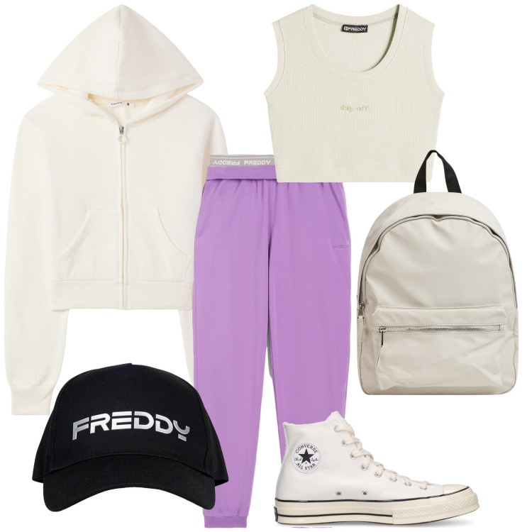 Outfit donna - Libertà. Stile Urban Abbinamento con zaini, felpe con cappuccio, cappelli, top, pantaloni, sneakers.