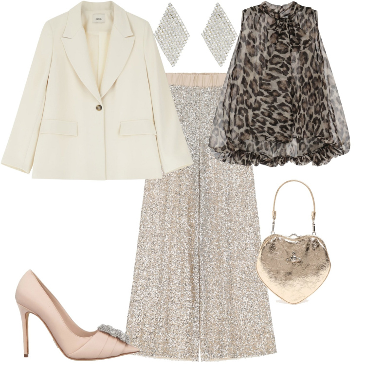 Outfit donna - Cerimonia evento serata glamour. Stile Glamour per Serata fuori. Abbinamento con décolleté, camicie, pantaloni a palazzo, blazer, orecchini, pochette.