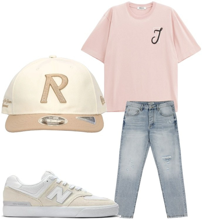 Outfit uomo - Comodita´. Stile Casual per Tutti i giorni. Abbinamento con sneakers, jeans strappati, t-shirt, cappelli.