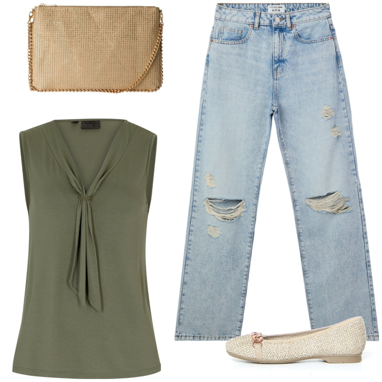 Outfit donna - Jeans e top. Stile Casual per Tutti i giorni. Abbinamento con top, jeans strappati, borse a tracolla, ballerine.