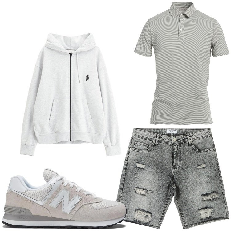 Outfit uomo - Grigio casual. Stile Casual per Tutti i giorni. Abbinamento con polo, shorts, sneakers, felpe con cappuccio.