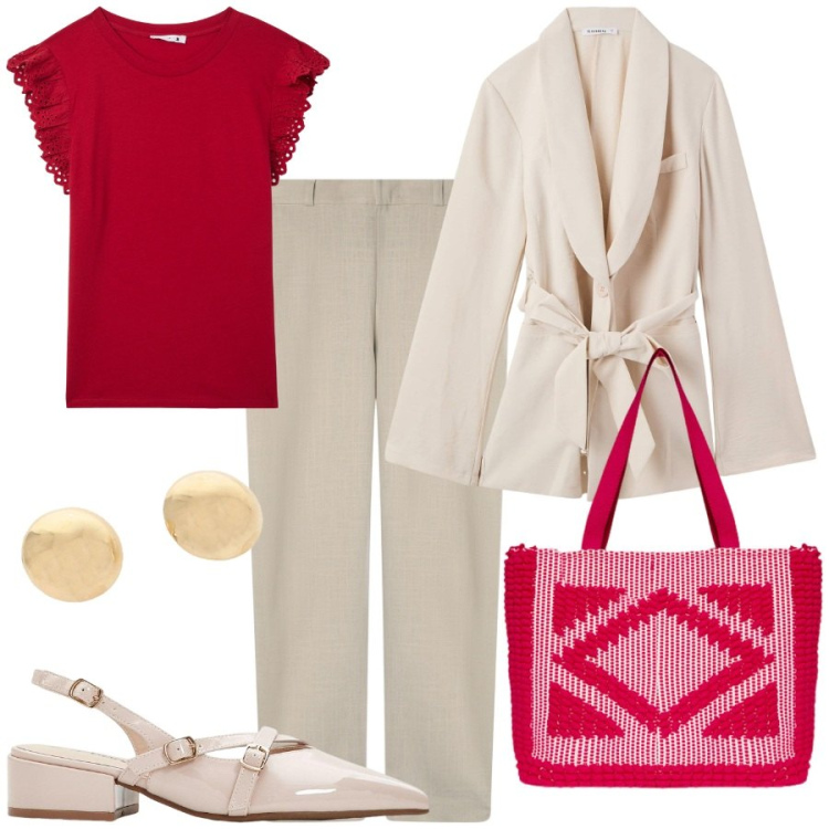 Outfit donna - Borsa in rafia conl tailleur. Stile Trendy per Ufficio. Abbinamento con décolleté, blazer, pantaloni chino, t-shirt, orecchini, borse a mano.