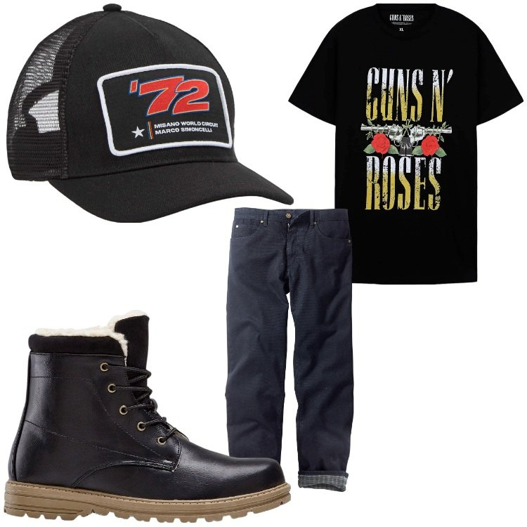 Outfit uomo - Gun´s roses. Stile Biker Rock per Tutti i giorni. Abbinamento con jeans dritti, stivali e stivaletti, cappelli, t-shirt.