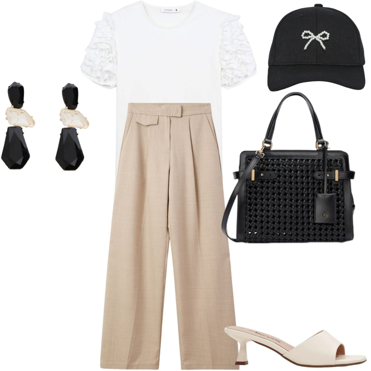 Outfit donna - Total look #2167559. Stile Casual chic per Tutti i giorni. Abbinamento con ciabatte, t-shirt, pantaloni, cappelli con visiera, orecchini, borse a mano.