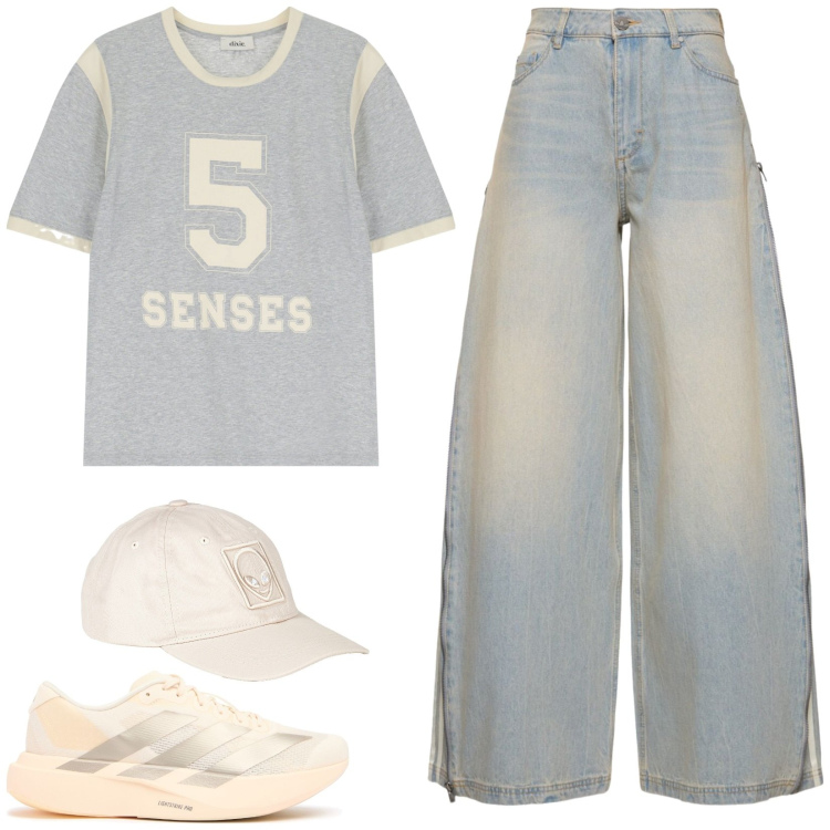 Outfit donna - Teenager. Stile Urban per Scuola/Università. Abbinamento con cappelli con visiera, t-shirt, pantaloni, sneakers.