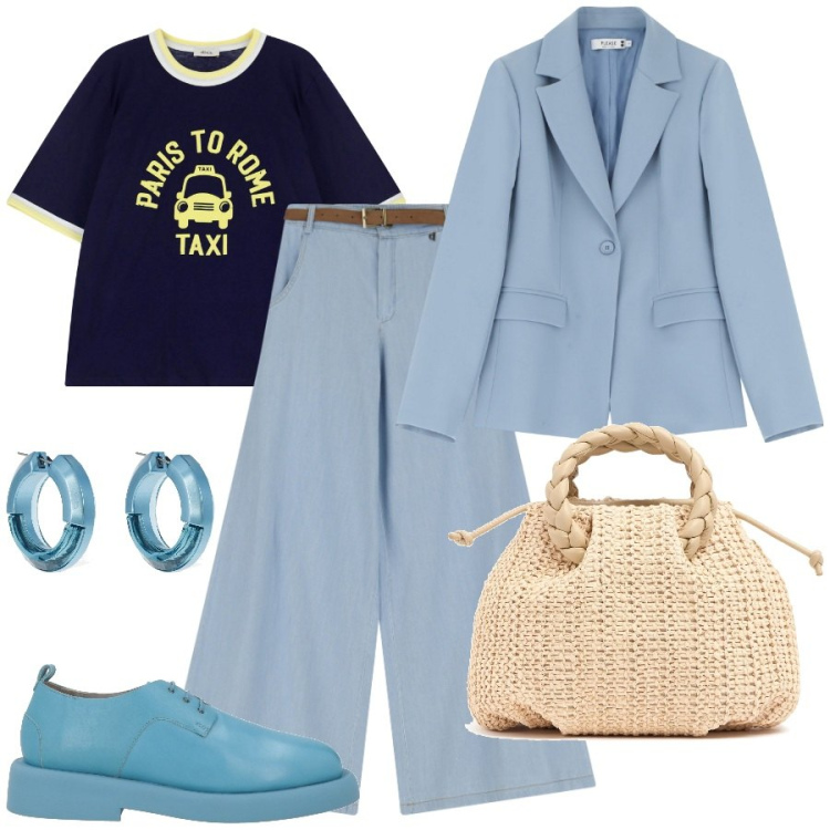 Outfit donna - Borsa in rafia col tailleur. Stile Trendy per Ufficio. Abbinamento con scarpe stringate, blazer, pantaloni a palazzo, t-shirt, orecchini, borse a mano.
