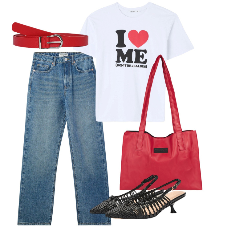 Outfit donna - Una t-shirt per amica - @danipoetessa73. Stile Casual chic per Tutti i giorni. Abbinamento con cinture, t-shirt, jeans dritti, shopping bag, décolleté.