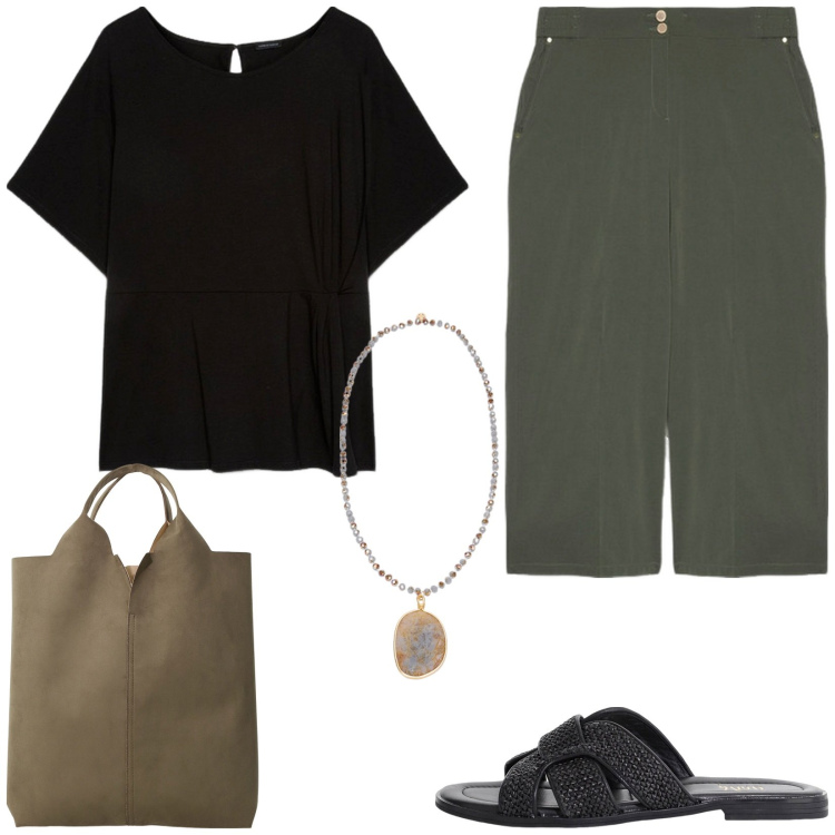 Outfit donna - Semplice eleganza. Stile Casual chic per Tutti i giorni. Abbinamento con shopping bag, sandali, pantaloni, bluse, ciondoli.