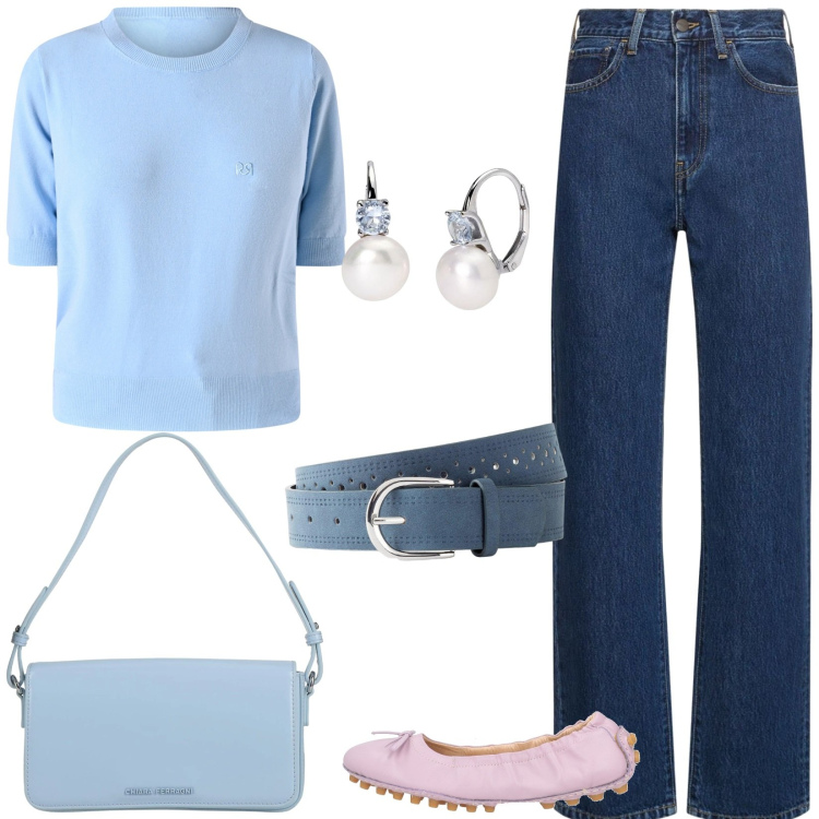 Outfit donna - All\'ordine del giorno. Stile Casual per Tutti i giorni. Abbinamento con cinture, ballerine, borse a mano, orecchini, maglieria, jeans dritti.