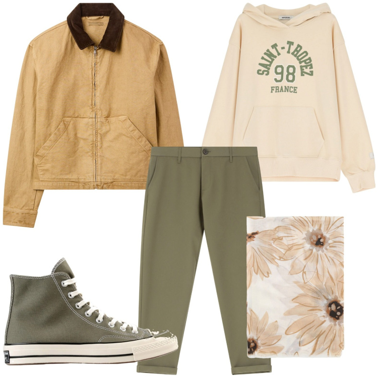 Outfit uomo - Pantaloni verde militare. Stile Casual per Tutti i giorni. Abbinamento con sneakers, cappotti, pantaloni chino, felpe con cappuccio, sciarpe e foulard.