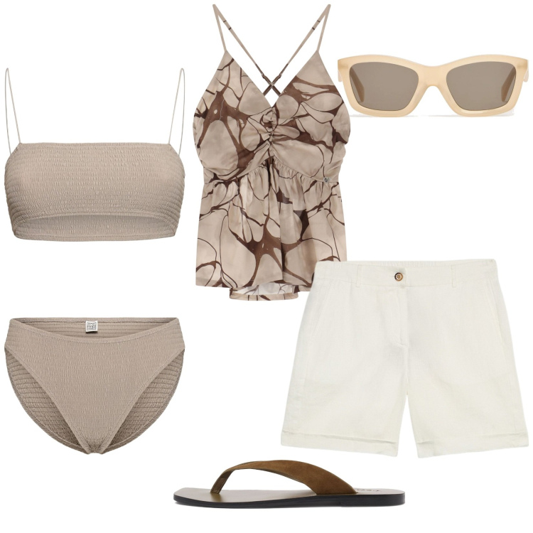 Outfit donna - Dettagli. Stile Casual chic per Mare. Abbinamento con canottiere, occhiali da sole, bikini, shorts, bikini, infradito.