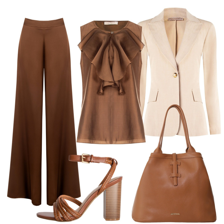 Outfit donna - Toni eleganti. Stile Casual chic per Serata fuori. Abbinamento con pantaloni a palazzo, bluse, blazer, borse tote, sandali col tacco.