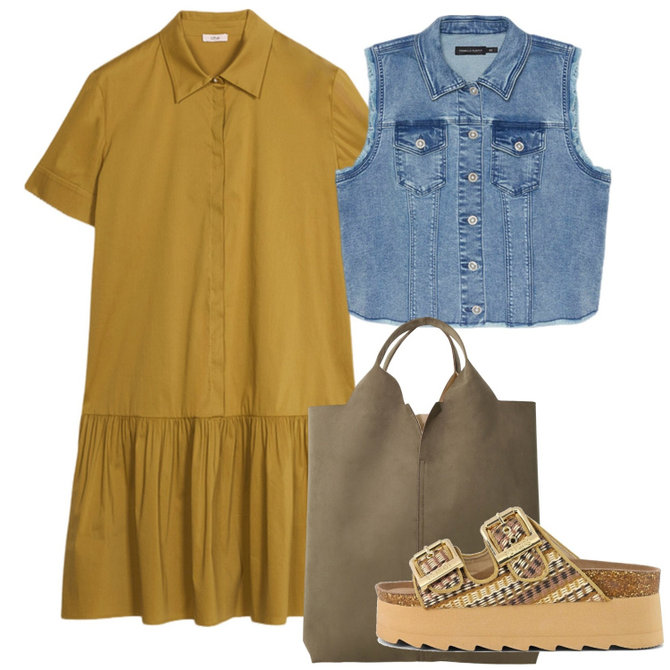 Outfit donna - Denim soft con twist femminile - Focus D. Stile Bon Ton per Tutti i giorni. Abbinamento con shopping bag, sandali, gilet, vestiti chemisier.