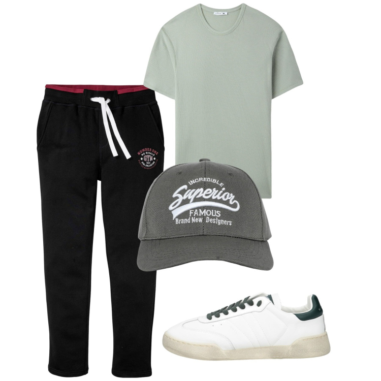 Outfit uomo - Sport. Stile Casual per Sport. Abbinamento con pantaloni, sneakers, cappelli con visiera, t-shirt.