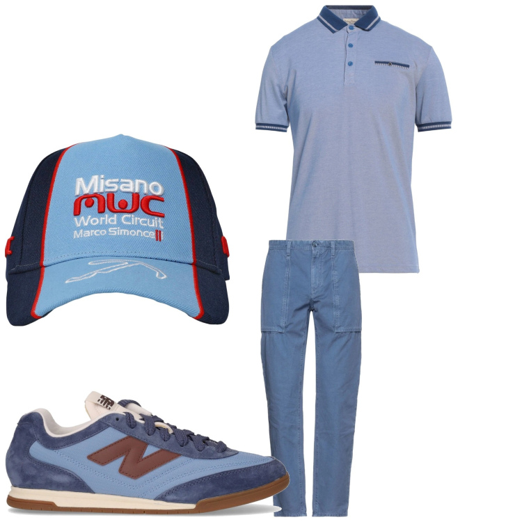 Outfit uomo - Al sole. Stile Casual per Tutti i giorni. Abbinamento con pantaloni, polo, cappelli, sneakers.