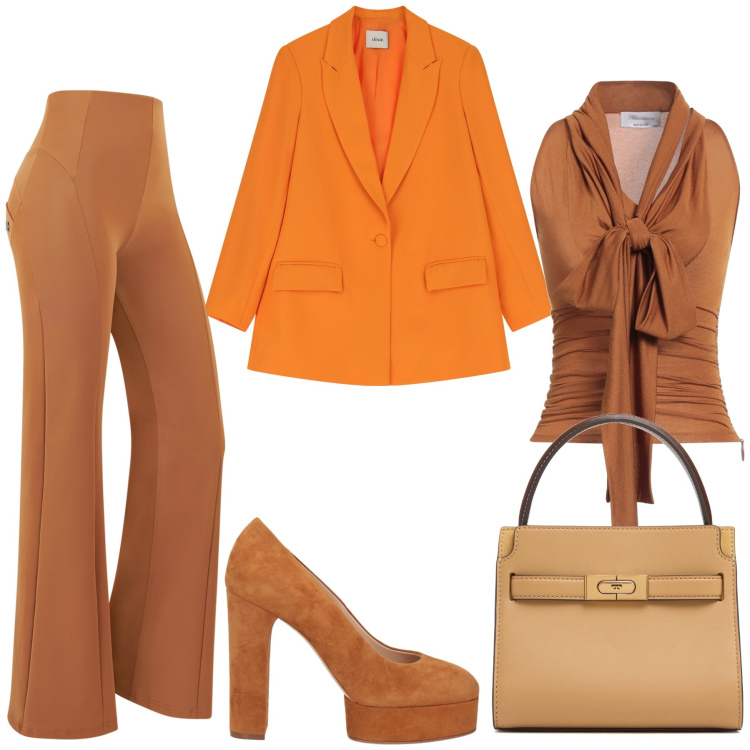 Outfit donna - L’arancio ed il coccio. Stile Glamour per Ufficio. Abbinamento con top, décolleté, pantaloni, blazer, borse a mano.