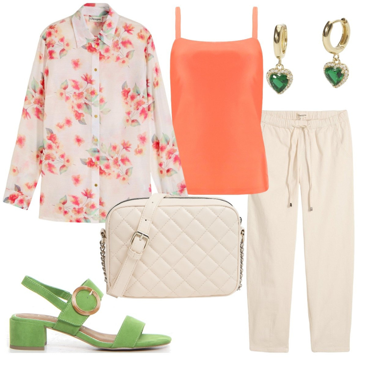 Outfit donna - Stile facile. Stile Casual chic per Tutti i giorni. Abbinamento con jeans, bluse, borse a tracolla, orecchini, canottiere, sandali col tacco.