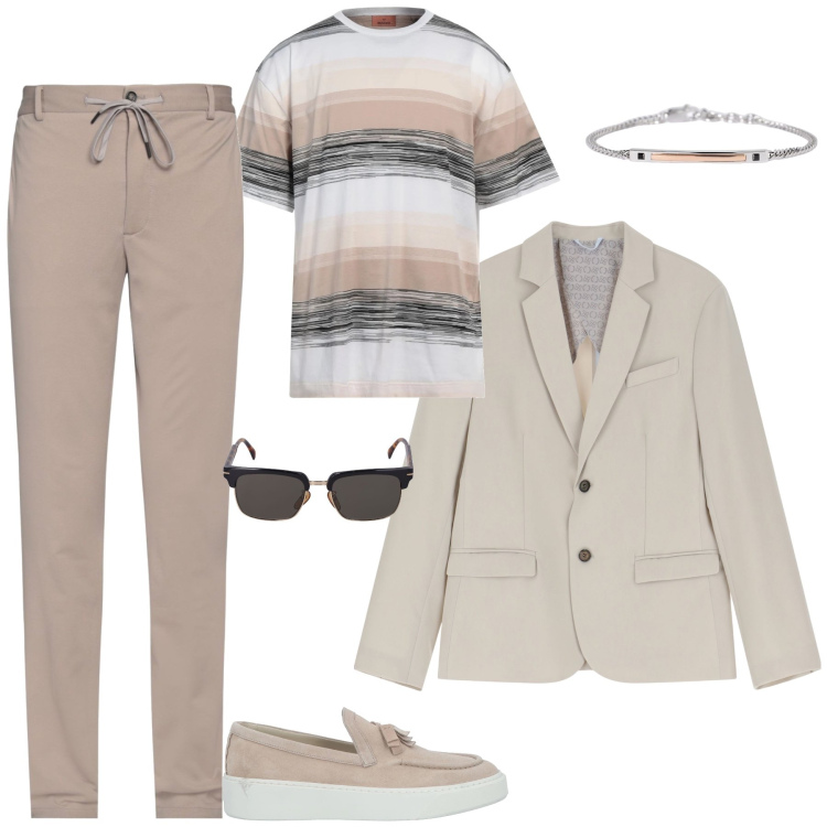 Outfit uomo - Total look. Stile Urban per Tutti i giorni. Abbinamento con scarpe stringate, pantaloni chino, t-shirt, braccialetti, giacche, occhiali da sole.