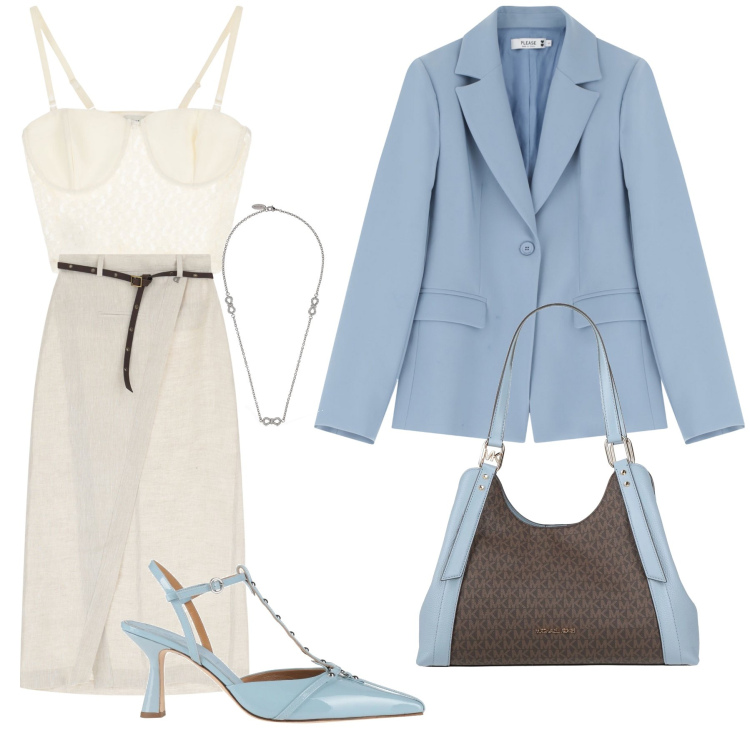 Outfit donna - Colori pastello. Stile Chic per Serata fuori. Abbinamento con décolleté, borse a mano, blazer, top, gonne, collane.