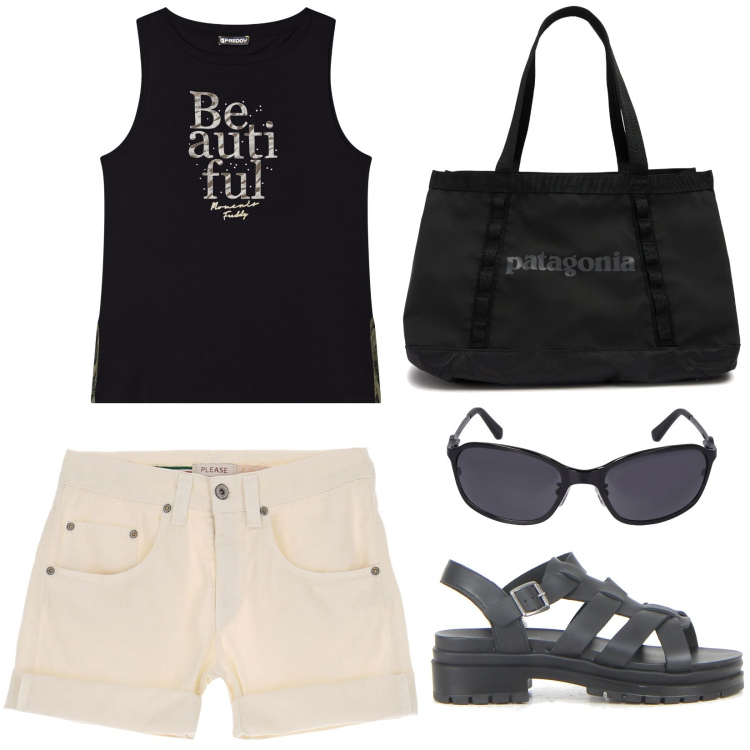 Outfit donna - La canotta beautiful. Stile Basic per Tutti i giorni. Abbinamento con shorts, canottiere, sandali, occhiali da sole, shopping bag.