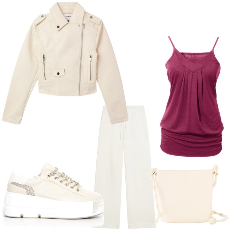 Outfit donna - Buona giornata. Stile Sporty chic per Tutti i giorni. Abbinamento con top, borse a tracolla, giacche, pantaloni, sneakers.