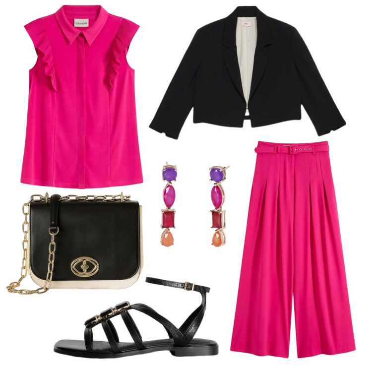 Outfit donna - Cena fuori. Stile Bon Ton per Serata fuori. Abbinamento con pantaloni, maglieria, orecchini, borse a tracolla, sandali gioiello, bolero.