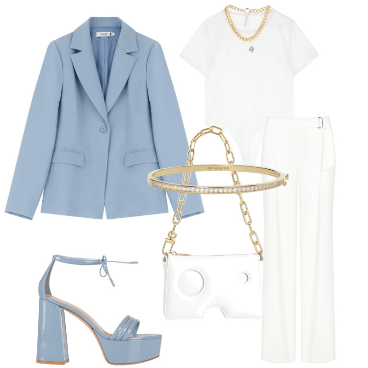 Outfit donna - La comunione di Davide. Stile Chic per Cerimonia. Abbinamento con sandali in pelle, borse a mano, braccialetti, pantaloni, blazer, body.