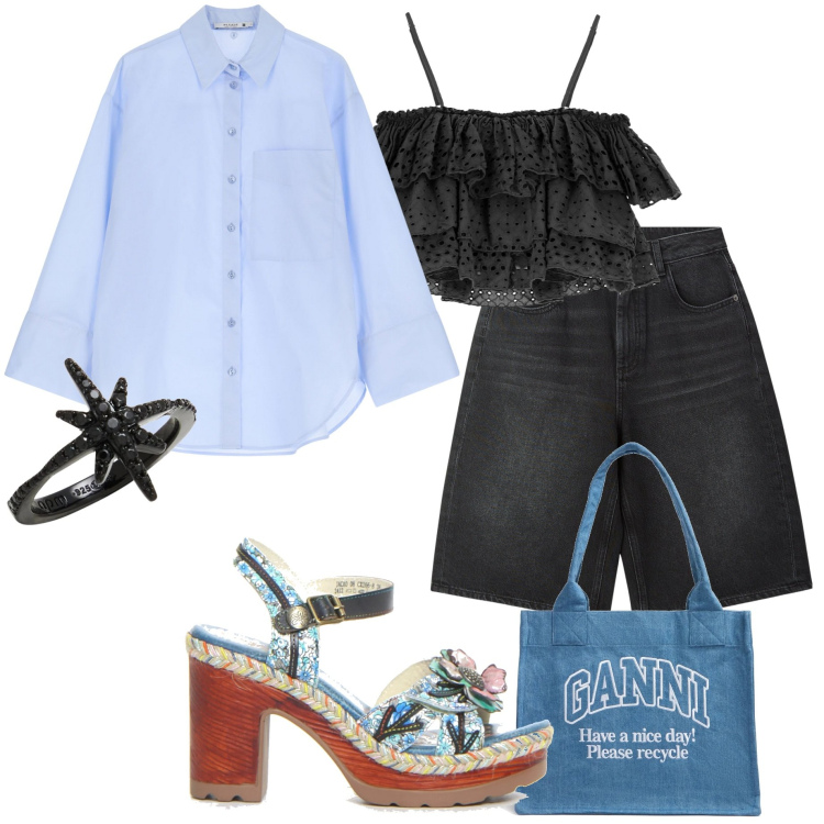 Outfit donna - Top a balze. Stile Glamour per Mare. Abbinamento con anelli, bermuda, camicie, top, sandali col tacco, shopping bag.