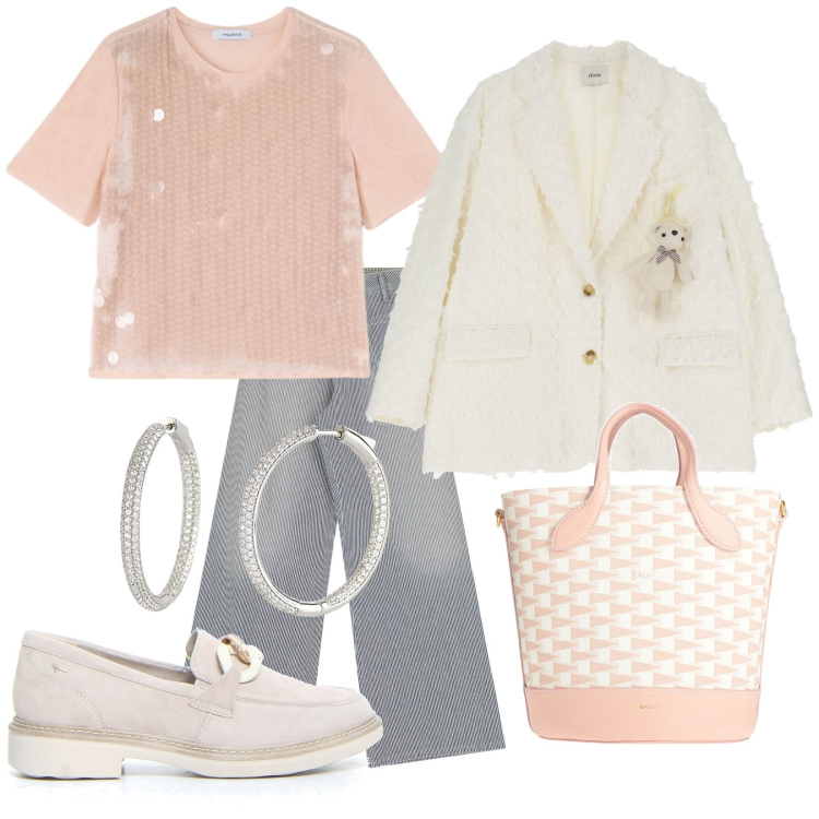 Outfit donna - Total look #2167639. Stile Trendy per Tutti i giorni. Abbinamento con borse a secchiello, orecchini, jeans a zampa, blazer, mocassini, t-shirt.
